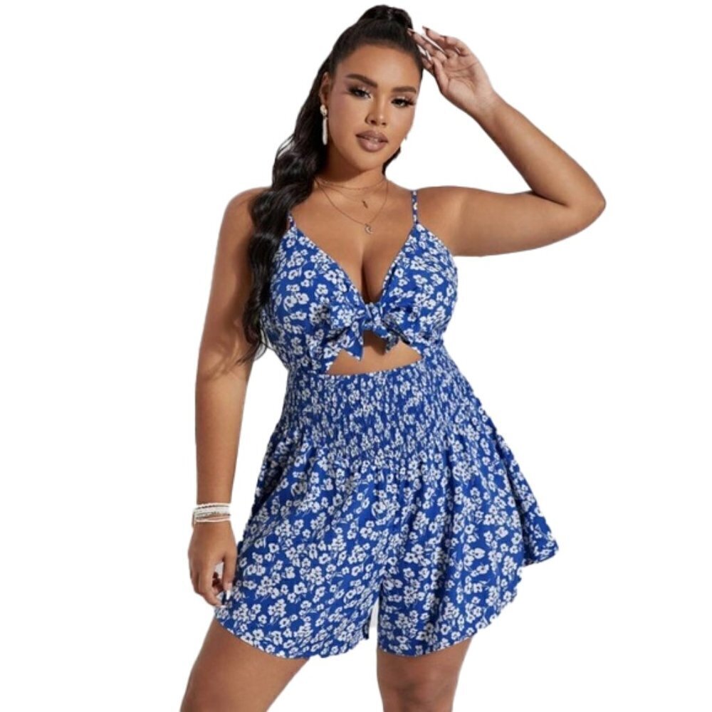 ❤️ SHEIN Summertime Plus Ditsy Floral Print Knot Front Peekaboo Cami Romper 1XL